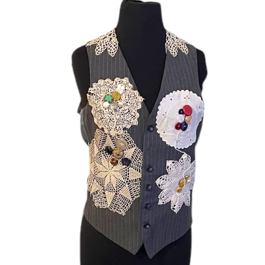 Vintage Cottagecore Embellished Women's Vest Gray, Small